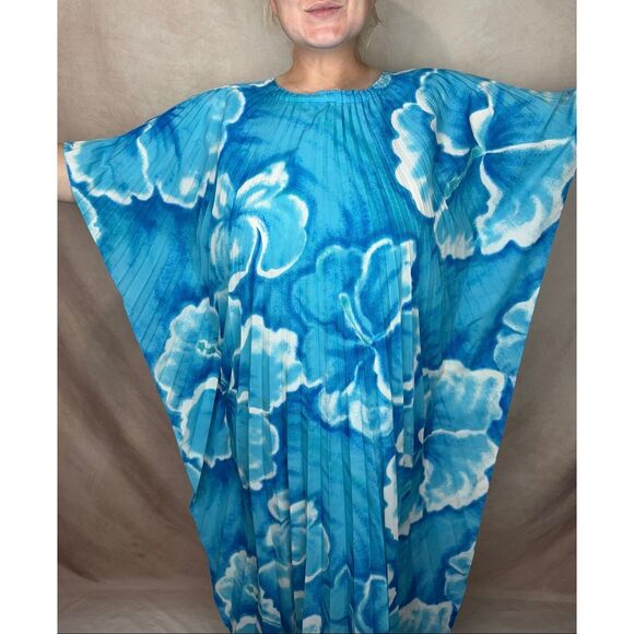 Vintage Hawaiian Kaftan Accordion Pleats Large XL Blue Floral - Picture 2 of 11